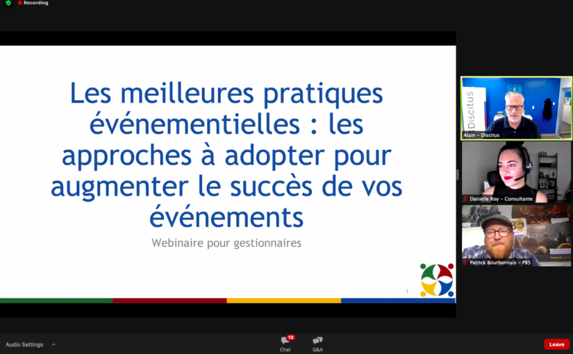 Participation à un beau webinaire sur les meilleures pratiques évènementielles