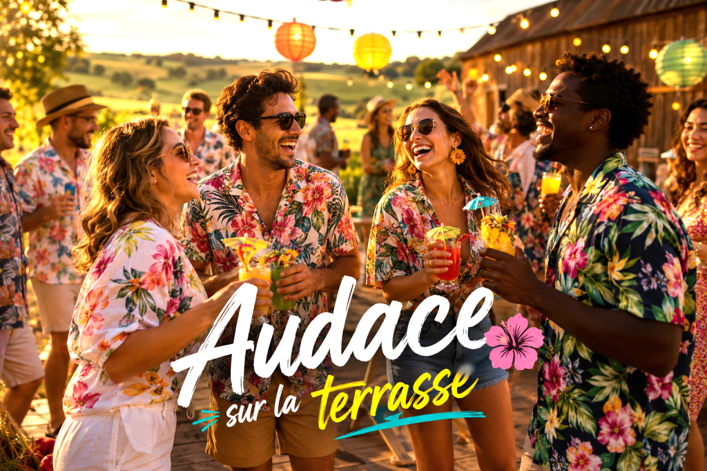 Amis en chemises tropicales fêtant sur une terrasse