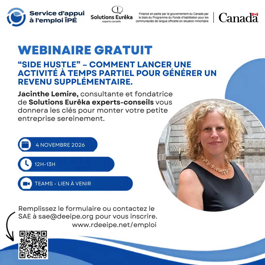 Affiche du webinaire gratuit « Side Hustle » avec Jacinthe Lemire