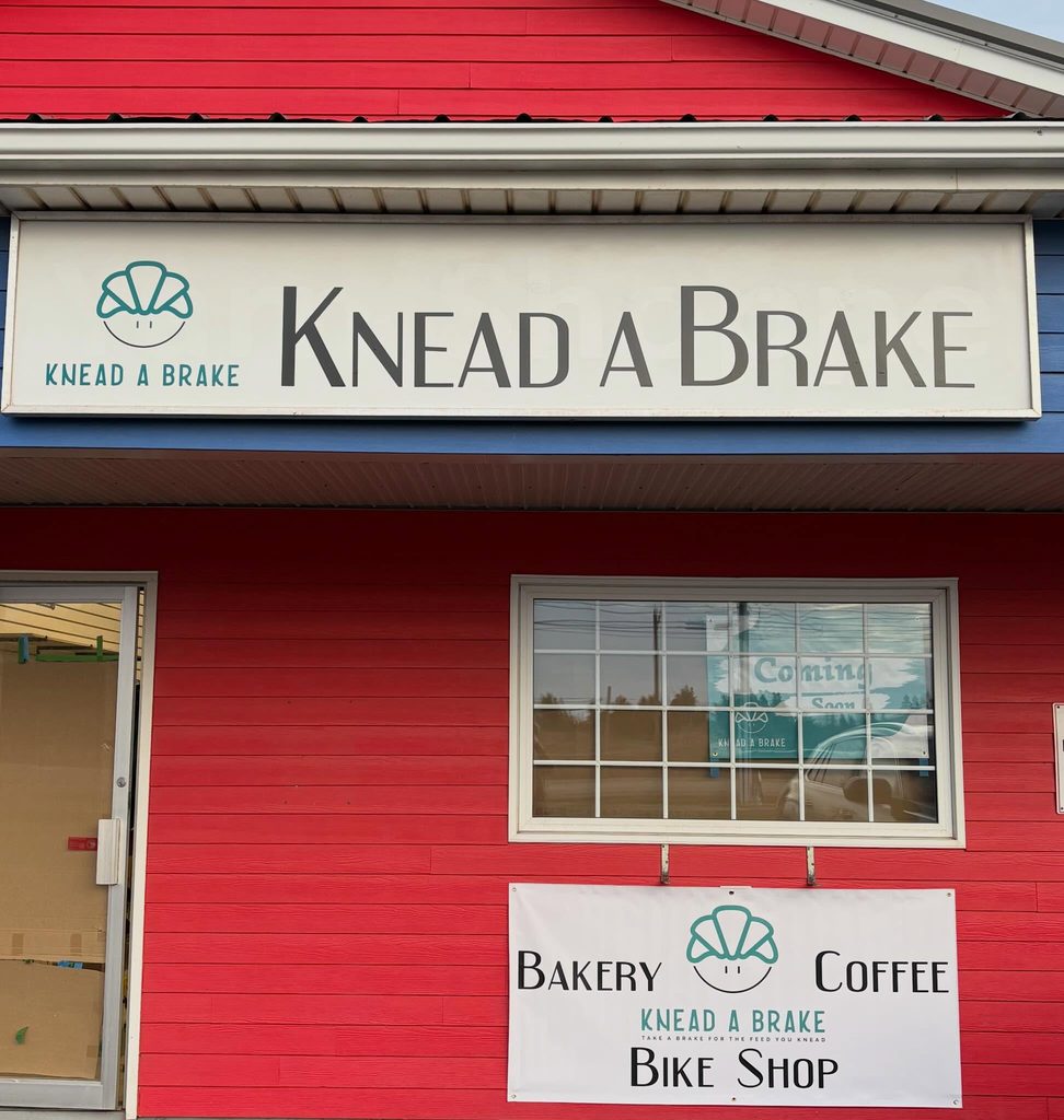 Red facade of the Knead a Brake bakery