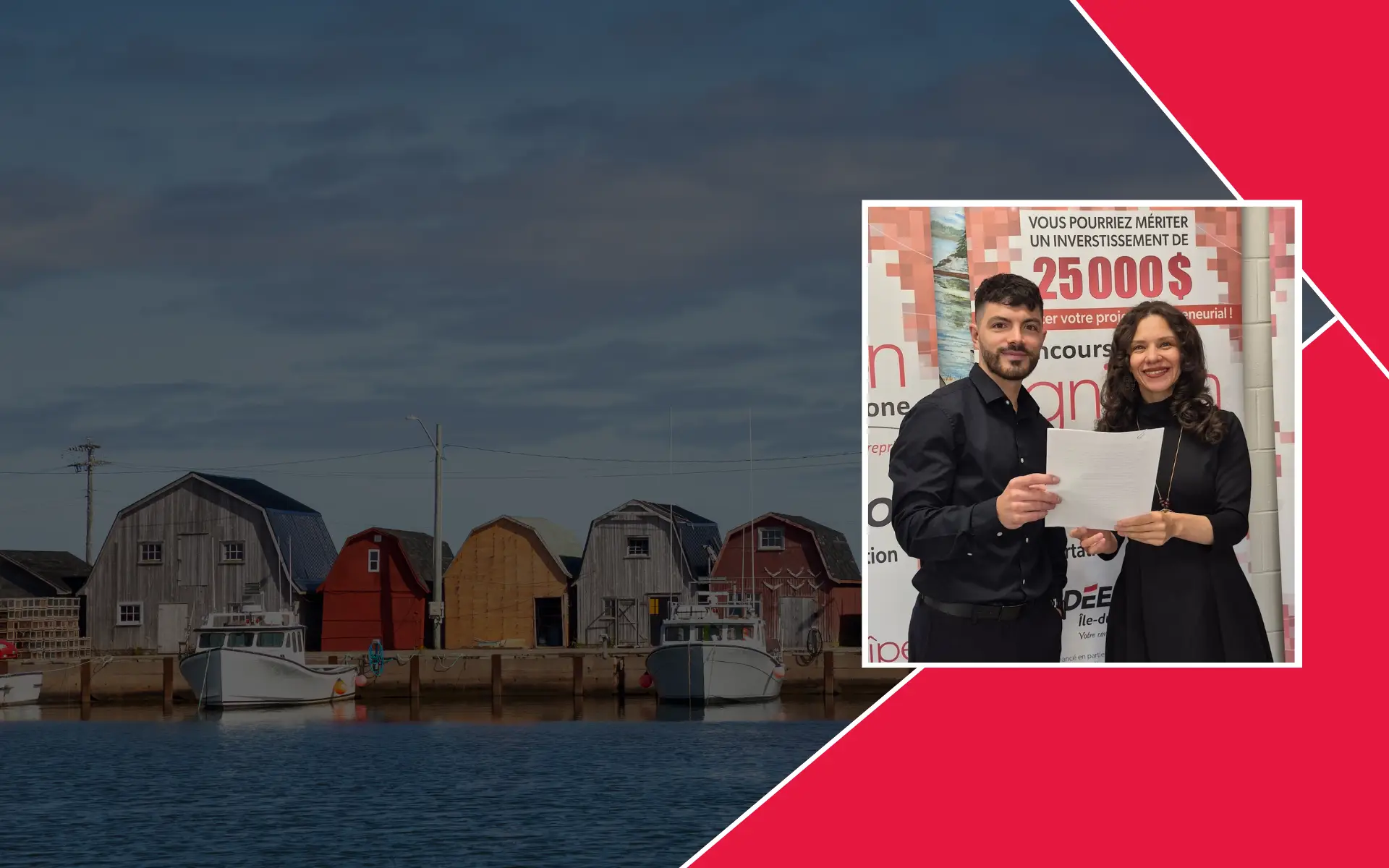 Two people present a check in front of a contest poster