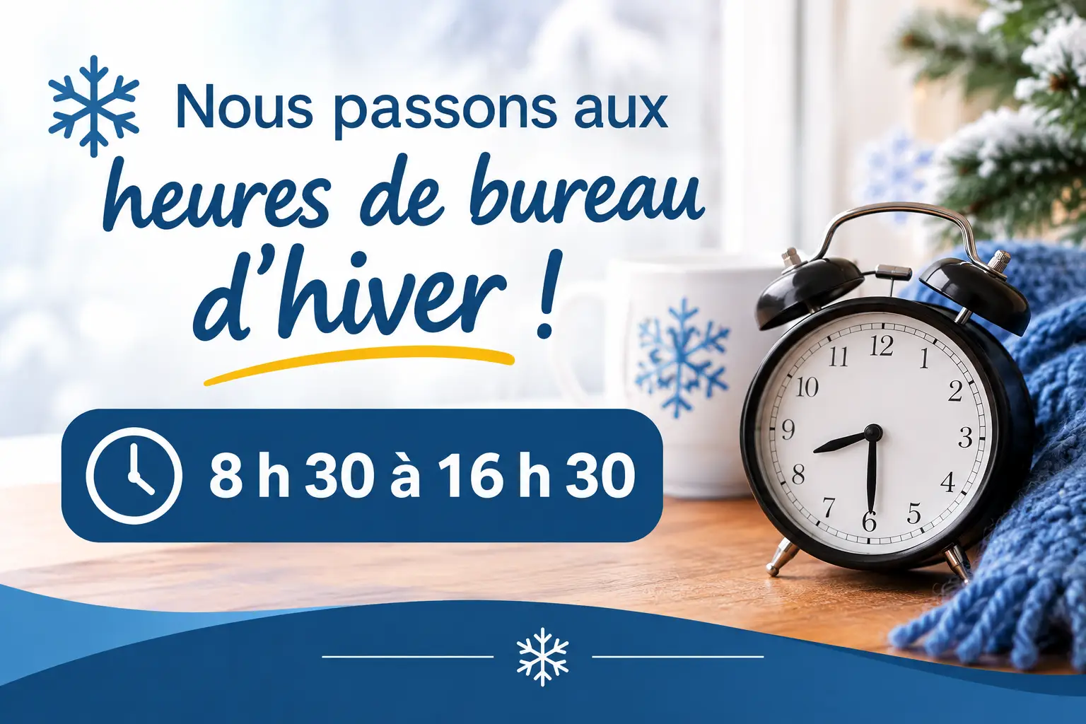 Horaire hivernal du bureau : 8 h 30 à 16 h 30
